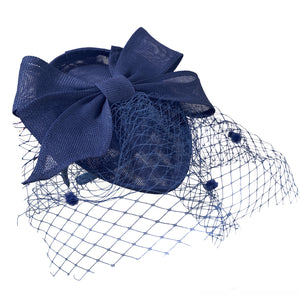 Teardrop Pointed Pillbox Large Bow Fascinator with Birdcage Veil on Headband - Navy Blue