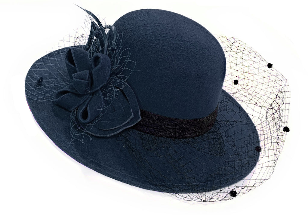 Large Wool Mix Brim Fedora with Hat Veil Hatinator Fascinator - Navy Blue