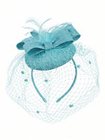 Light Blue Birdcage Veil Pillbox Bow Sinamay Headband Fascinator Weddings Ascot Hatinator Races
