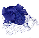 Teardrop Pointed Pillbox Base Large Bow Fascinator with Birdcage Veil on Headband - Royal Blue