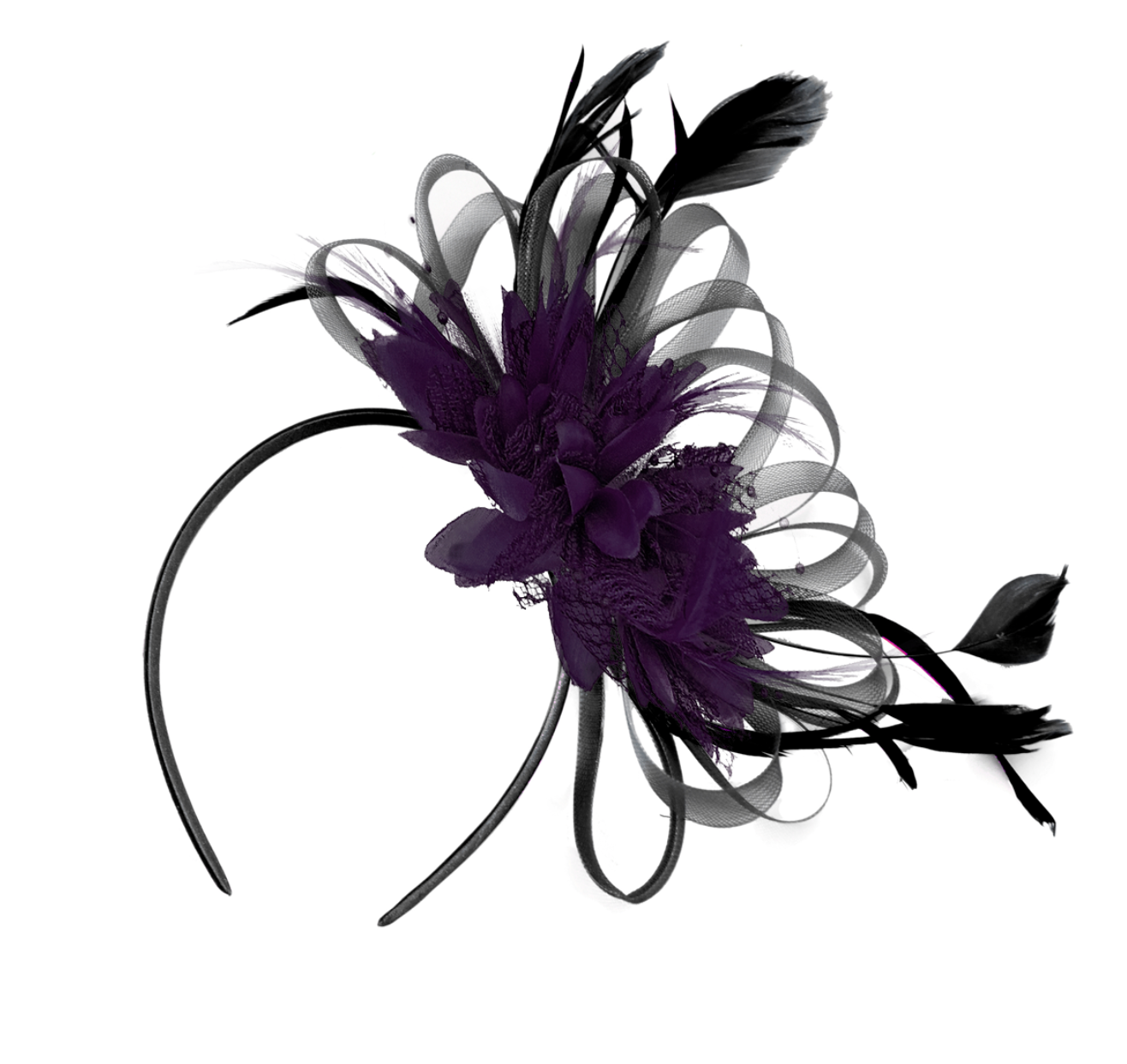 Caprilite Black Hoop & Dark Purple Feathers Fascinator on Headband