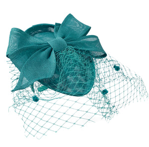 Teardrop Pointed Pillbox Large Bow Fascinator with Birdcage Veil on Headband - Teal