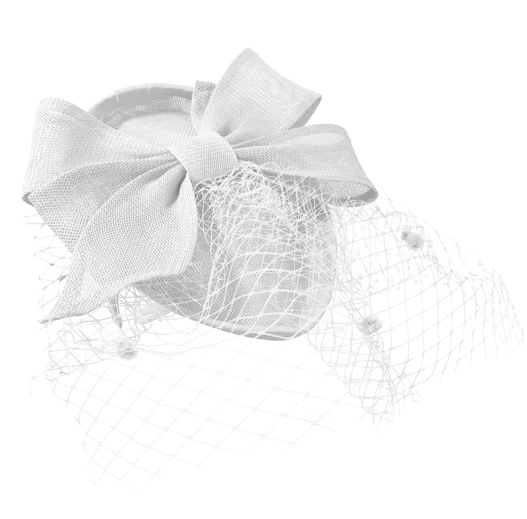 Teardrop Pointed Pillbox Large Bow Fascinator with Birdcage Veil on Headband - White