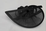 Black vegan sinamay disc fascinator with moon hoop design on a headband back