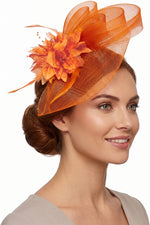 Caprilite Orange Flower Veil Feathers Fascinator On Headband Wedding