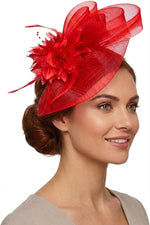 Caprilite – voile de fleur rouge écarlate, plumes, fascinateur sur bandeau de mariage