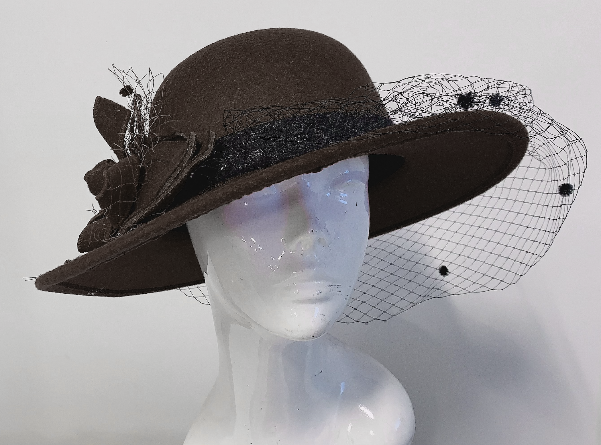 Large Wool Mix Dark Brown Coffee Brim Fedora with Hat Veil Hatinator Fascinator