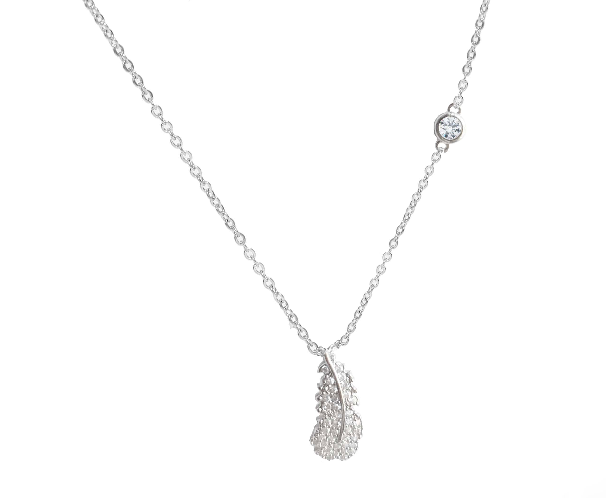 Feather Lucky Necklace CZ Crystal Pendant Necklace Silver Chain with Gift Pouch