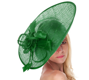 Emerald Green 41cm Large SInamay Hatinator Disc Saucer Brim Hat Fascinator on Headband
