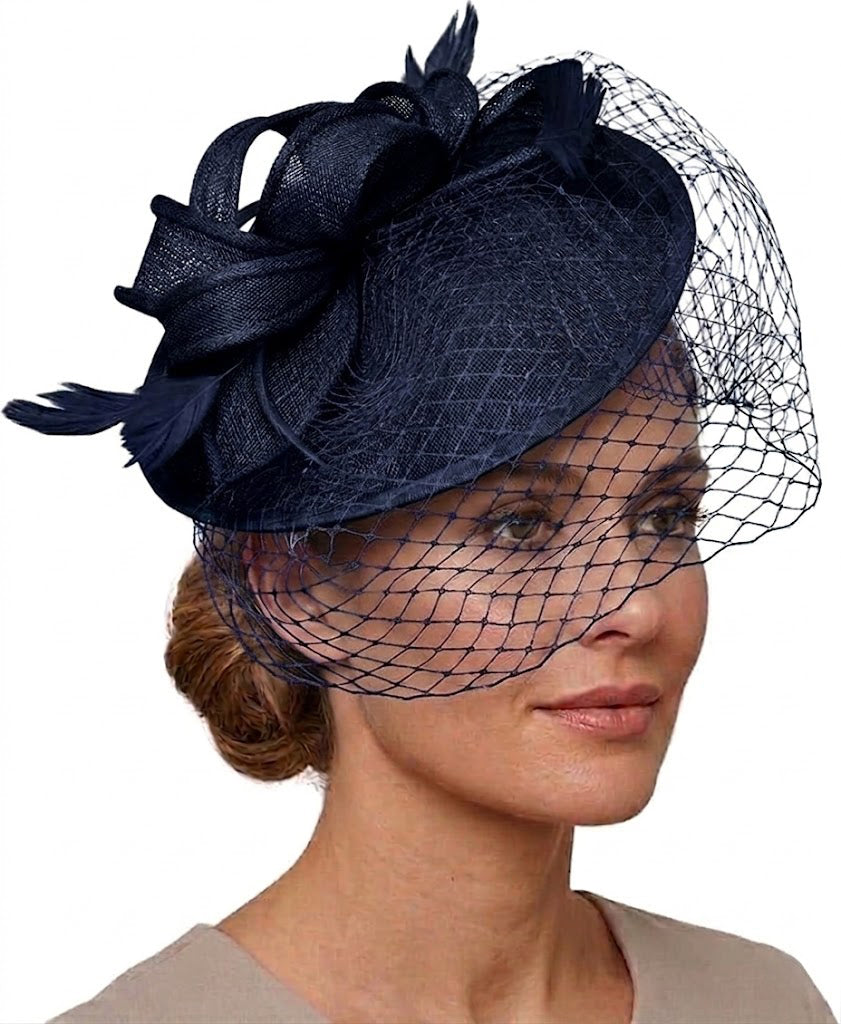 what colour fascinator with navy blue dress Navy Coast Loop And Feather Disc Fascinator