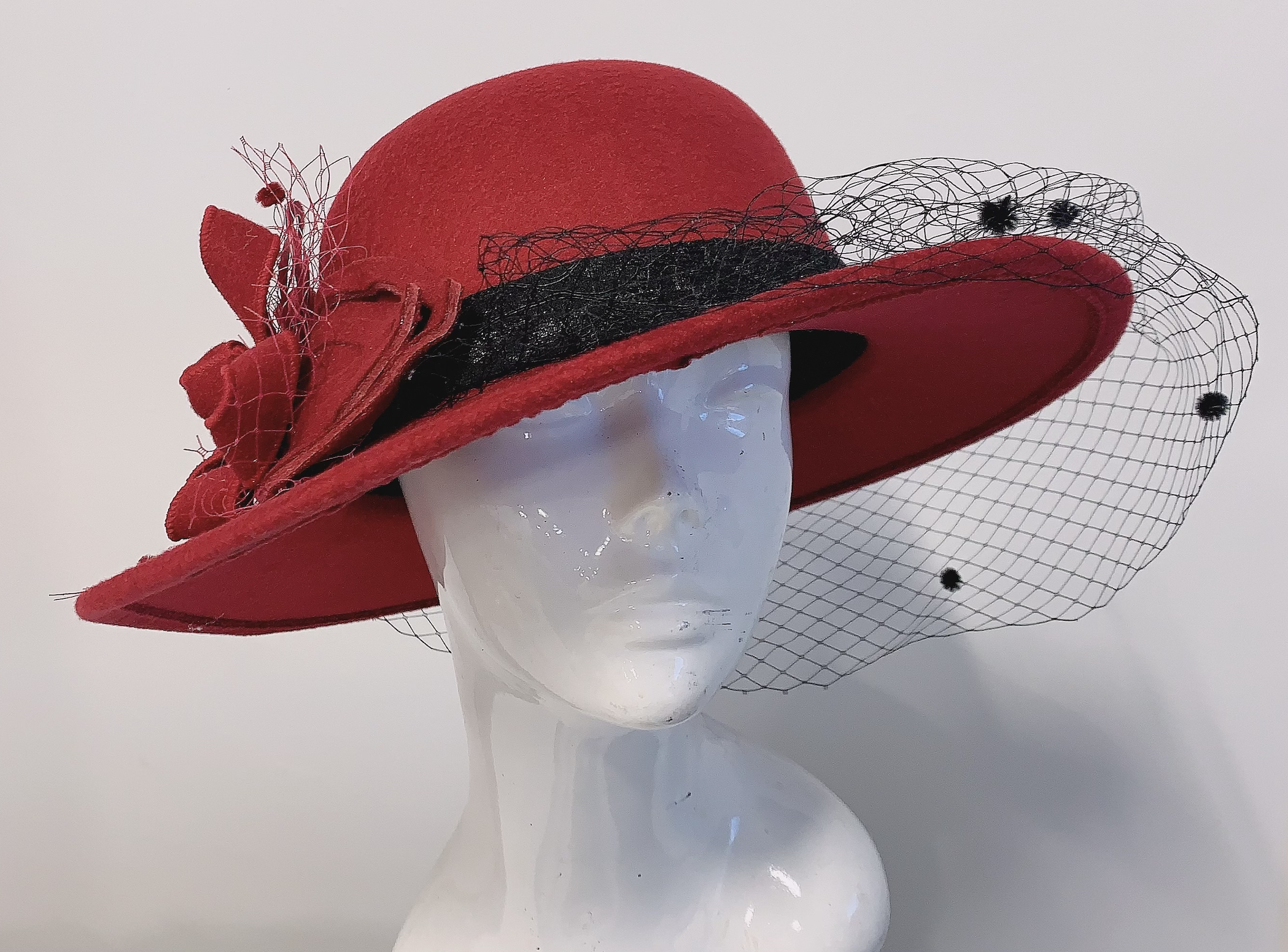 Large Wool Mix Red Brim Fedora with Hat Veil Hatinator Fascinator