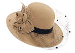 Biege formal wool-mix fedora hatinator with birdcage veil and feather trim