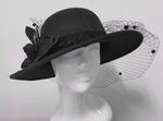 lack formal wool-mix fedora hatinator with birdcage veil and feather trim on head