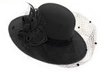 Black formal wool-mix fedora hatinator with birdcage veil and feather trim