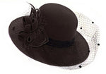 Brown formal wool fedora hat with birdcage netting for race day