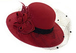 Burgundy formal wool-mix fedora hatinator with birdcage veil and feather trim