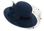 Navy blue formal wool fedora hat with birdcage netting for race day