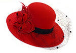 Red formal wool-mix fedora hatinator with birdcage veil and feather trim