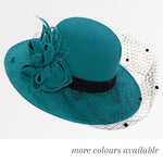 Teal blue formal wool-mix fedora hatinator with birdcage veil and feather trim
