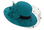 Teal blue formal wool-mix fedora hatinator with birdcage veil and feather trim