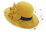 Mustard formal wool-mix fedora hatinator with birdcage veil and feather trim