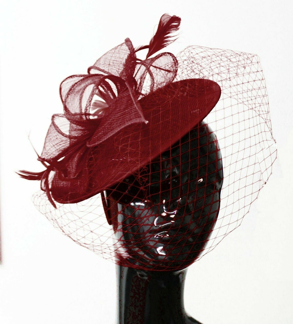 Caprilite Saucer Sinamay Headband Fascinator Wedding Ascot Hat Hatinator Birdcage Veil[Burgundy]