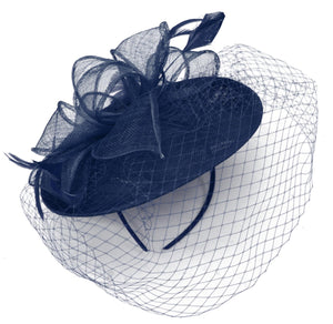 Caprilite Saucer Sinamay Headband Fascinator Wedding Ascot Hat Hatinator Birdcage Veil[Navy]