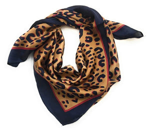 Leopard Animal Print with Navy Red Borders Silky Thin Summer Spring Scarf
