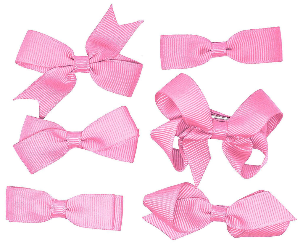 6 PIECE SET Girls Small Hair Bows Clips Grosgrain Ribbon School Uniform Colours[Baby Pink]