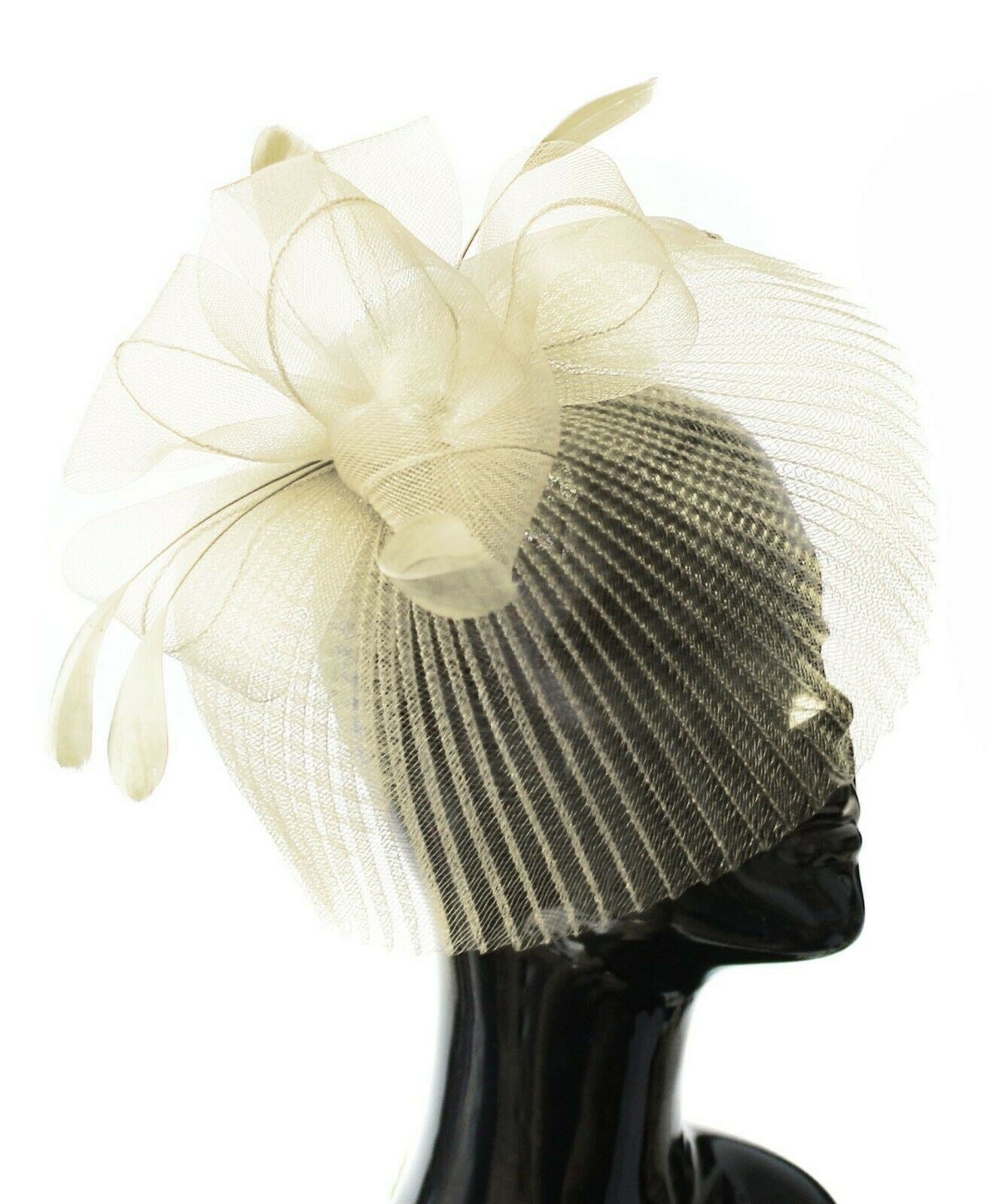 Cream Ivory Veil Fan Feathers Fascinator on Headband Wedding Races Net Hat Big