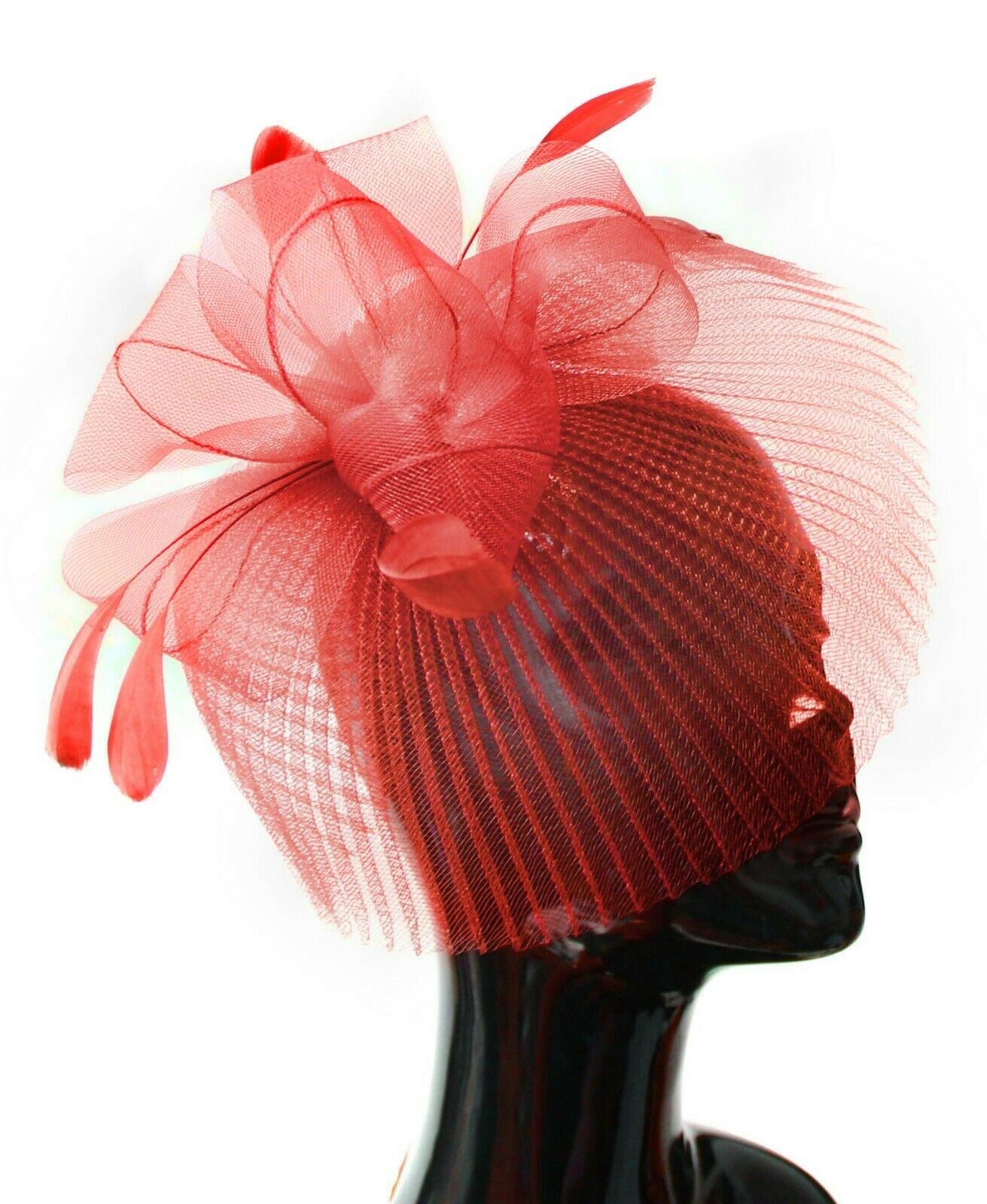 Red Veil Fan Feathers Fascinator on Headband Wedding Races Net Hat Big