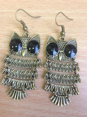 Girls Bronze Owl Black Eyes - Choose Necklace Earrings Ring or Jewellery Set