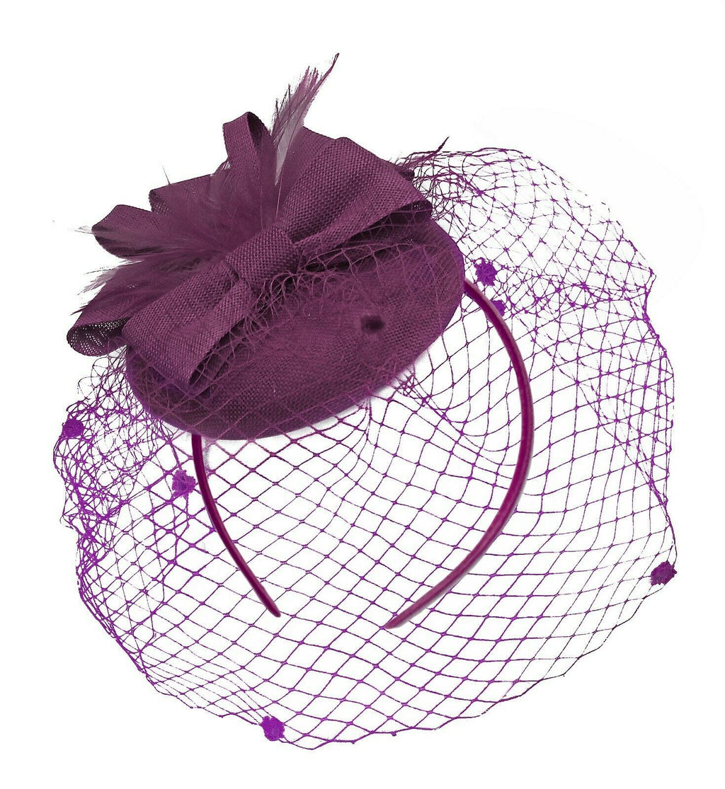 Plum Purple Birdcage Veil Pillbox Bow Sinamay Headband Fascinator Weddings Ascot Hatinator Races
