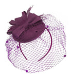 Prune violet cage à oiseaux voile pilulier arc Sinamay bandeau fascinateur mariages Ascot Hatinator courses