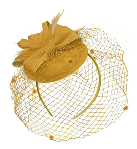 Gold Mustard Birdcage Veil Pillbox Bow Sinamay Headband Fascinator Weddings Ascot Hatinator Races