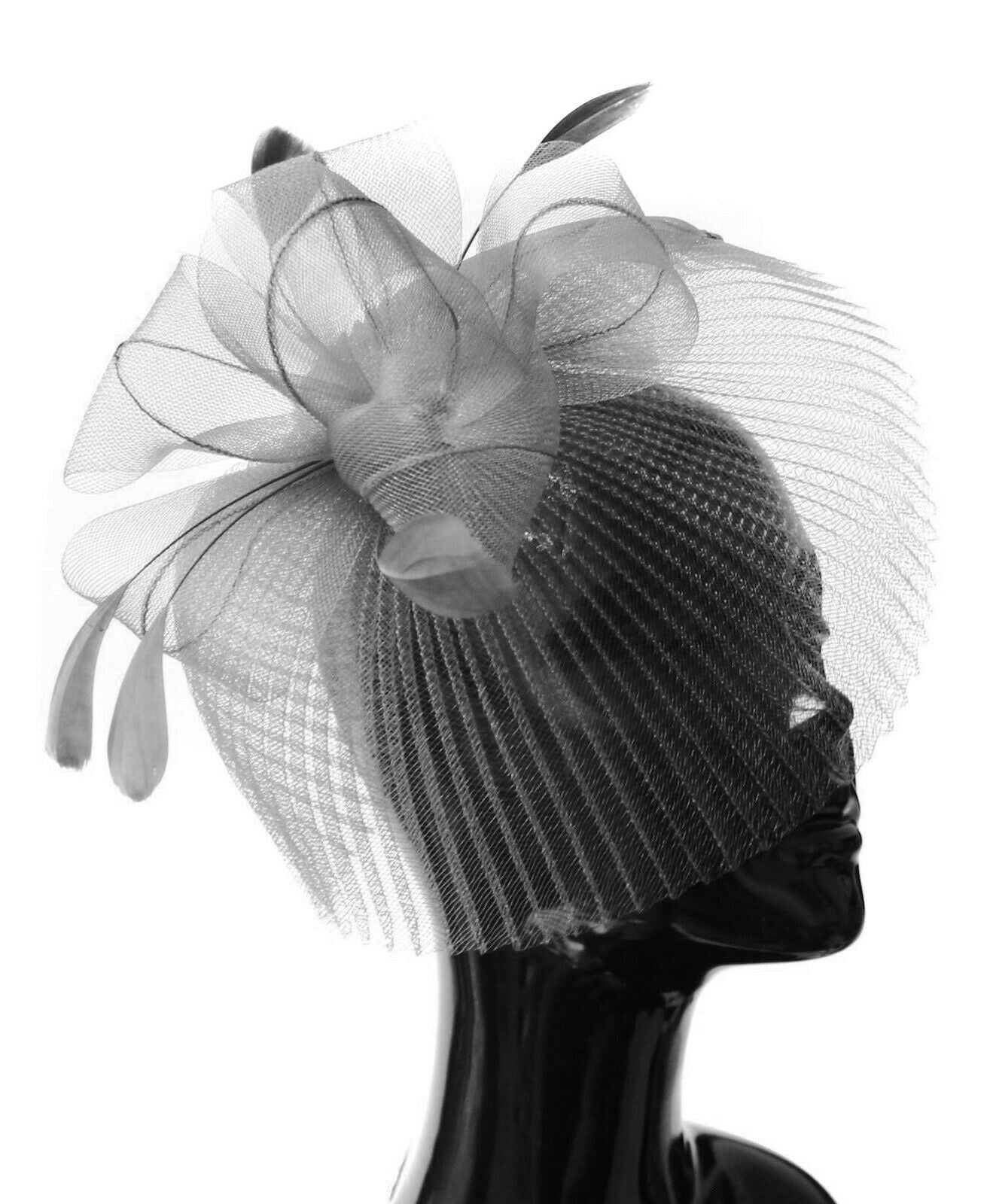 Silver Grey Veil Fan Feathers Fascinator on Headband Wedding Races Net Hat Big