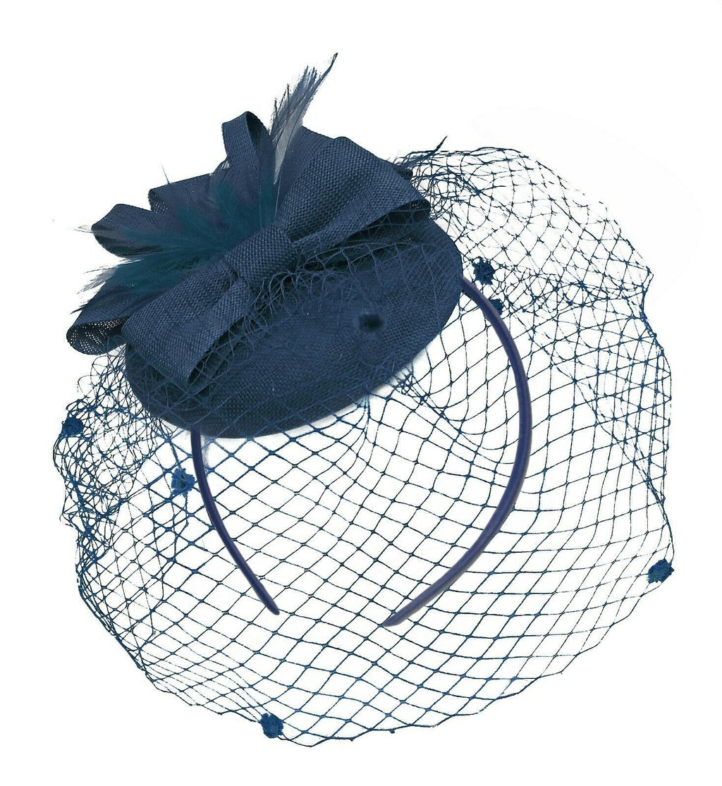 Navy Blue Birdcage Veil Pillbox Bow Sinamay Headband Fascinator Weddings Ascot Hatinator Races