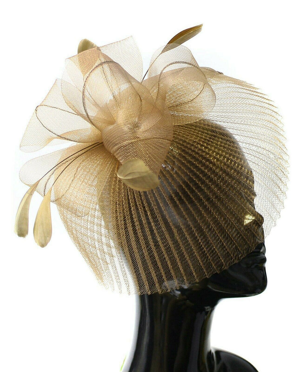 Gold Beige Veil Fan Feathers Fascinator on Headband Wedding Races Net Hat Big