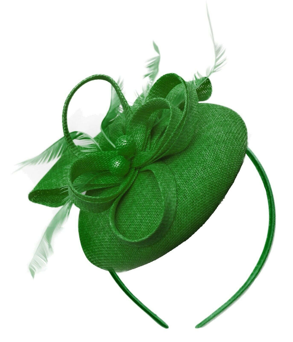 Jade vert rond pilulier arc Sinamay bandeau fascinateur mariages Ascot Hatinator courses