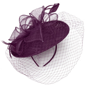 Caprilite Saucer Sinamay Headband Fascinator Wedding Ascot Hat Hatinator Birdcage Veil[Plum Purple]