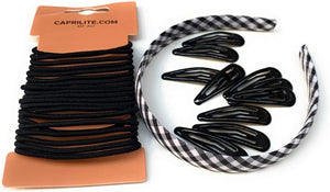 Black Mega Girls' School Hair Accessories Bundle Set - Gingham Checked Headband Snap Clips Bobbles Hairbands
