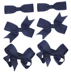 6 PIECE /3 Pairs SET Girls Small Hair Bows Grosgrain Ribbon Clips School Colours[Navy Blue]