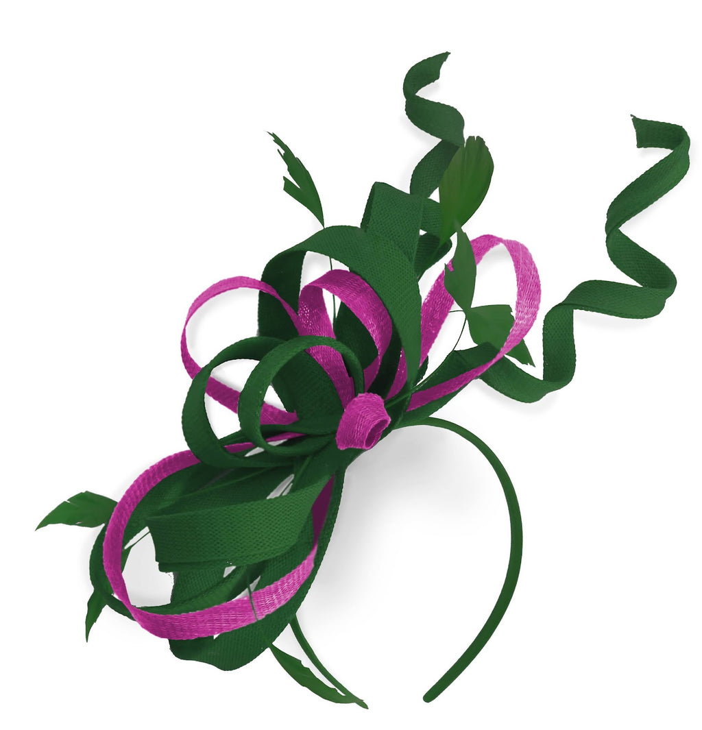 Caprilite Vert et Fuchsia Hot Pink Wedding Swirl Fascinator Bandeau Alice Band Ascot Races Loop Net