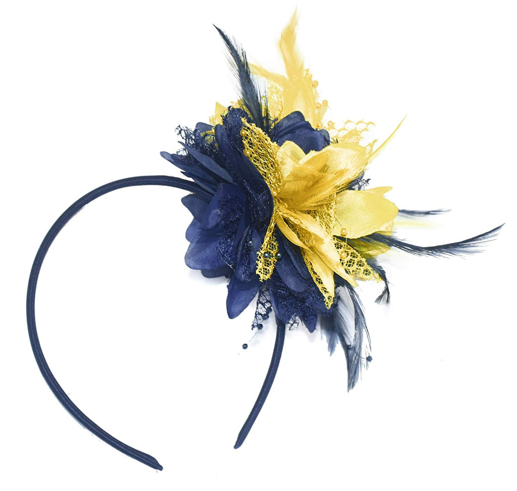 Navy and Gold Flower Fascinator for Weddings on Headband Clip or Comb