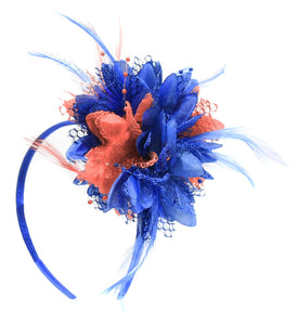 Electric Royal Blue and Coral Fascinator on Headband for Ascot Weddings