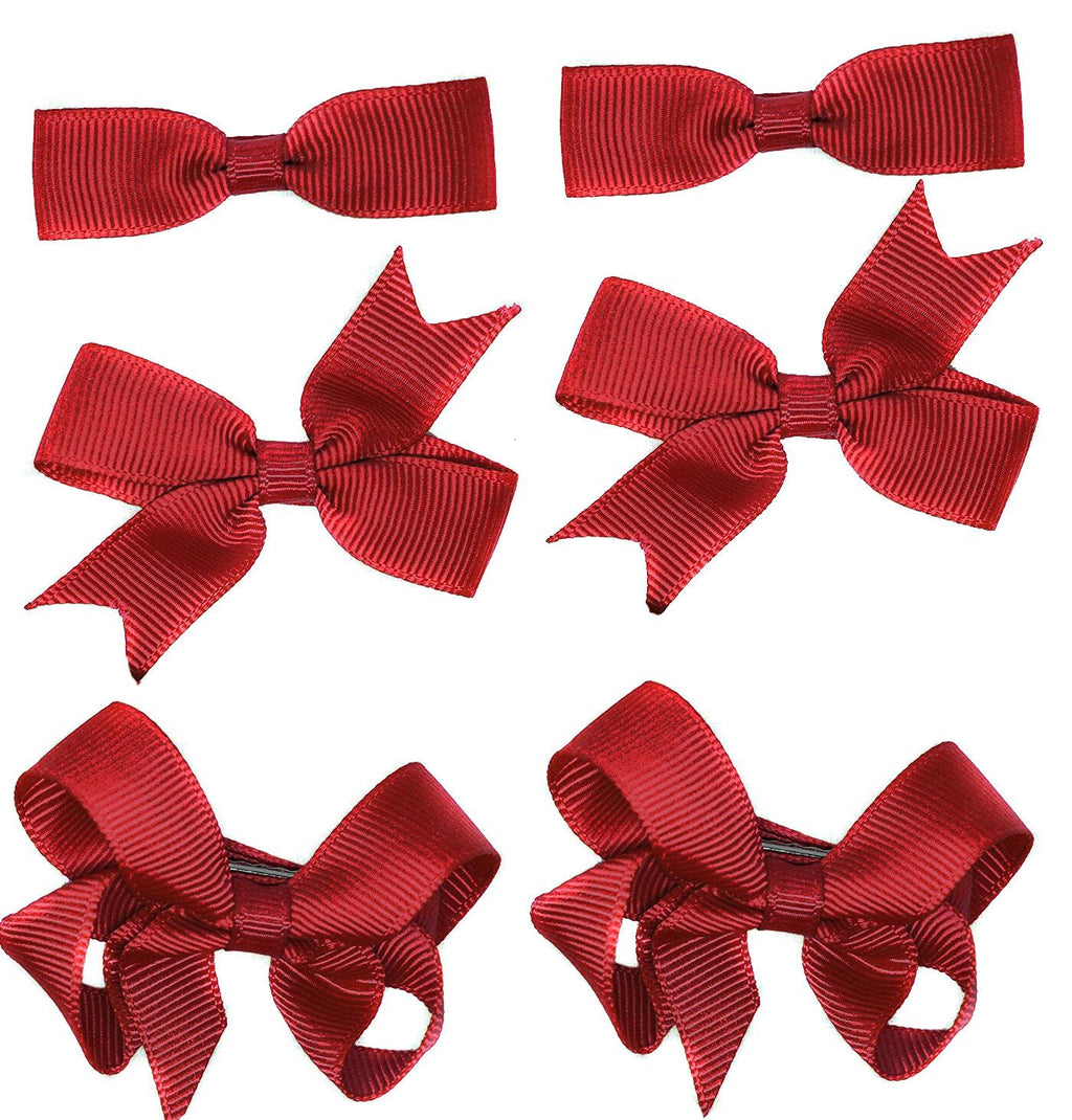 6 PIECE /3 Pairs SET Girls Small Hair Bows Grosgrain Ribbon Clips School Colours[Burgundy Wine Red]