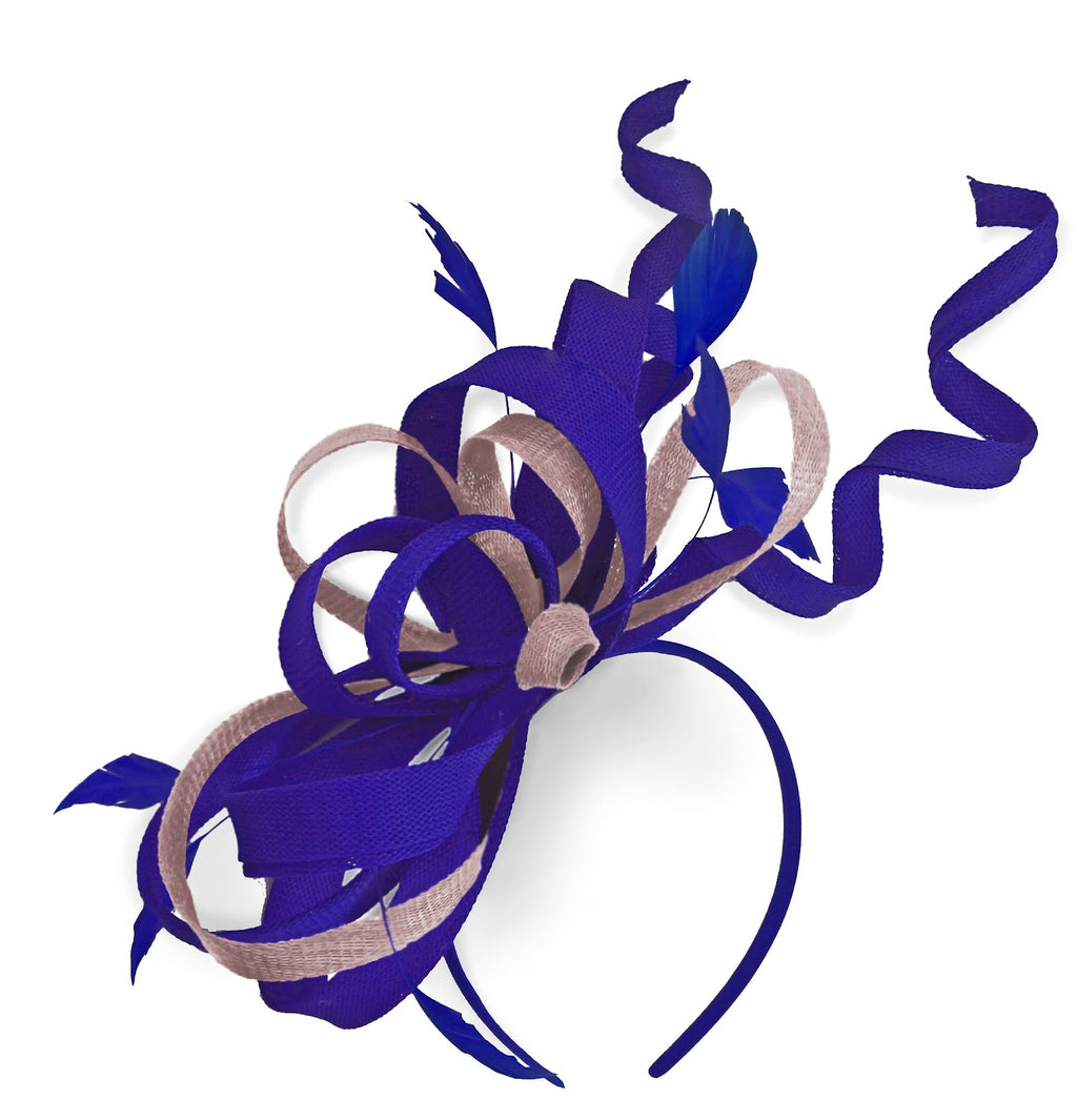 Caprilite Bleu Royal et Rose Poussiéreux Mariage Swirl Fascinator Bandeau Alice Band Ascot Races Loop Net
