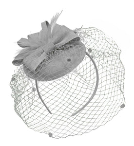 Silver Grey Birdcage Veil Pillbox Bow Sinamay Headband Fascinator Weddings Ascot Hatinator Races