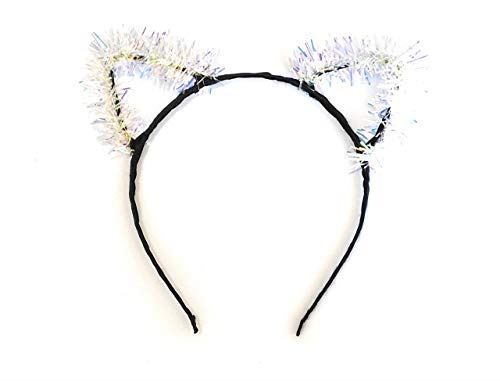 Girls Womens Silver Gold Tinsel Cat Ear on Black Headband Costume Fancy Dress Party Hair Accessories