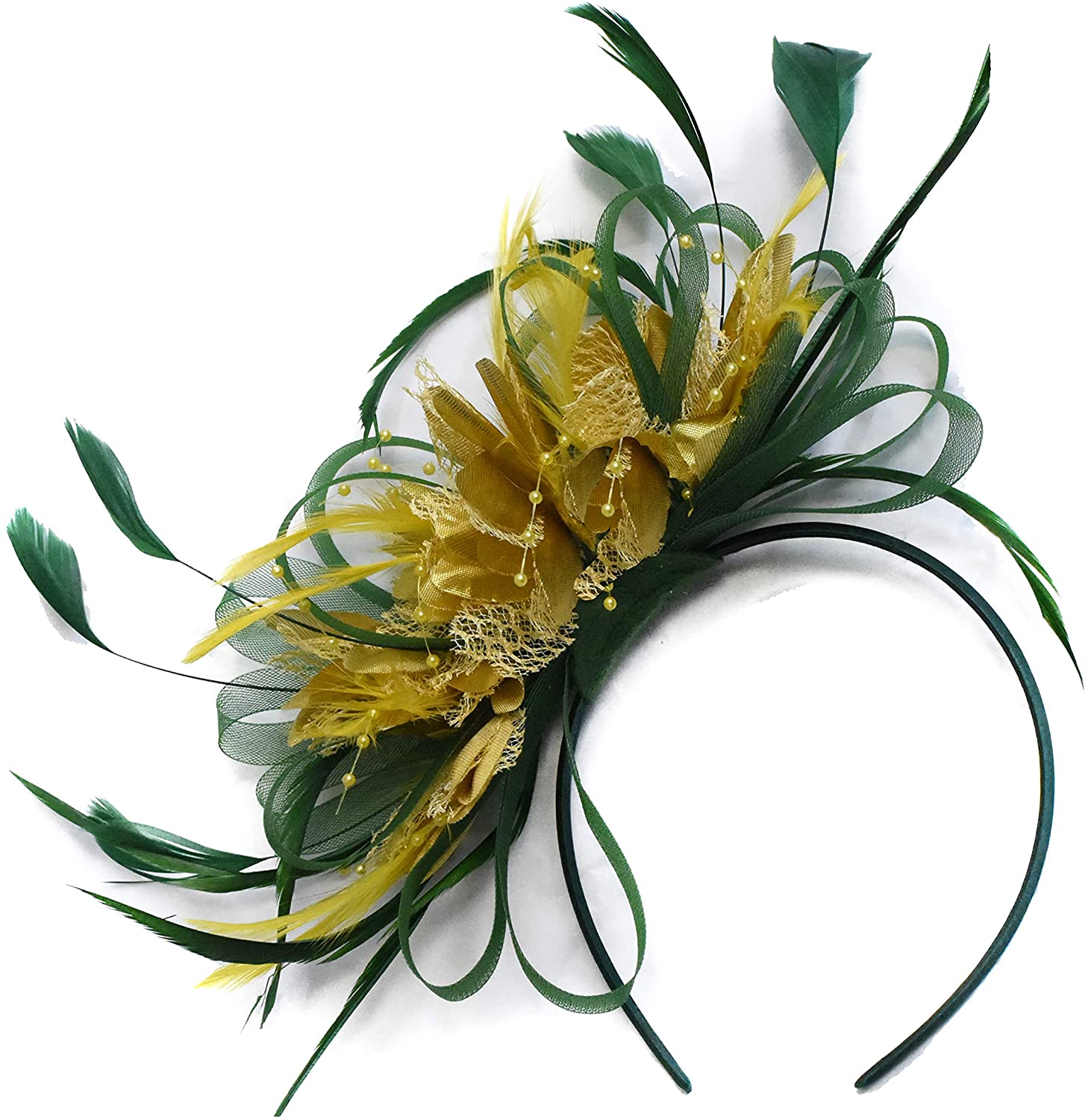 Green and Gold Net Hoop Feather Hair Fascinator Headband Wedding Royal Ascot Races